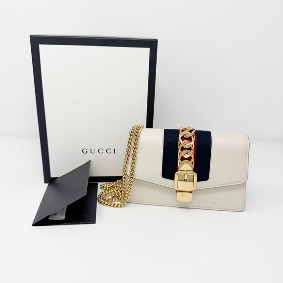 Gucci Cream Leather Web Mini Sylvie Chain Bag - Picture 1 of 10